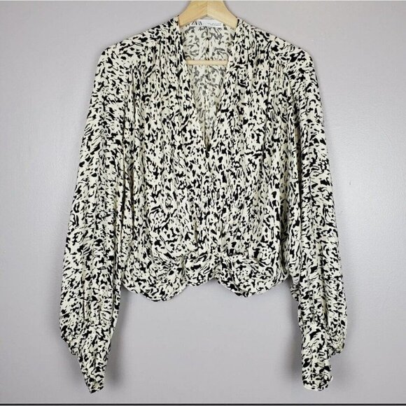 ZARA wrapped dolman balloon sleeve blouse top XSMALL IVORY black abstract print - Picture 7 of 16